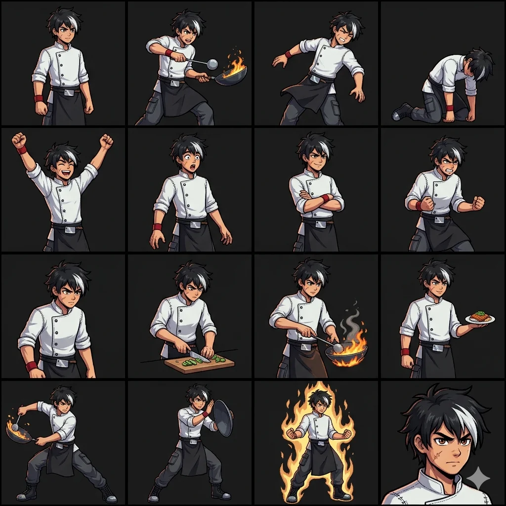 Hiro's 4x4 pose sheet — 16 poses from idle to portrait bust